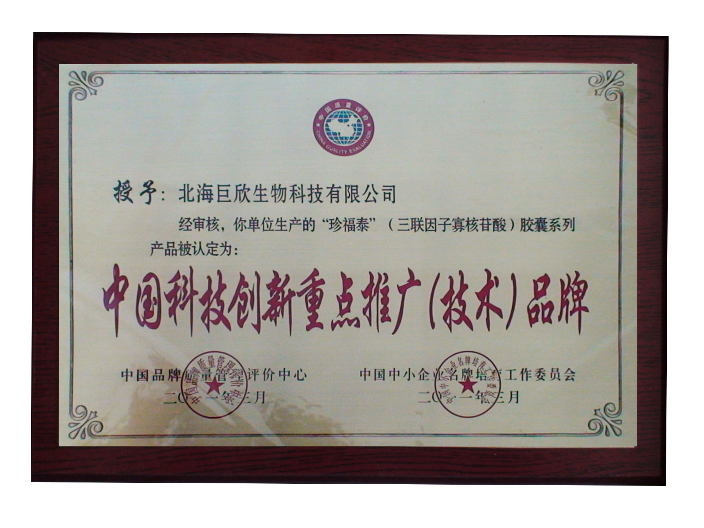企业荣誉-中国科技创新重点推广(技术)品牌铜牌